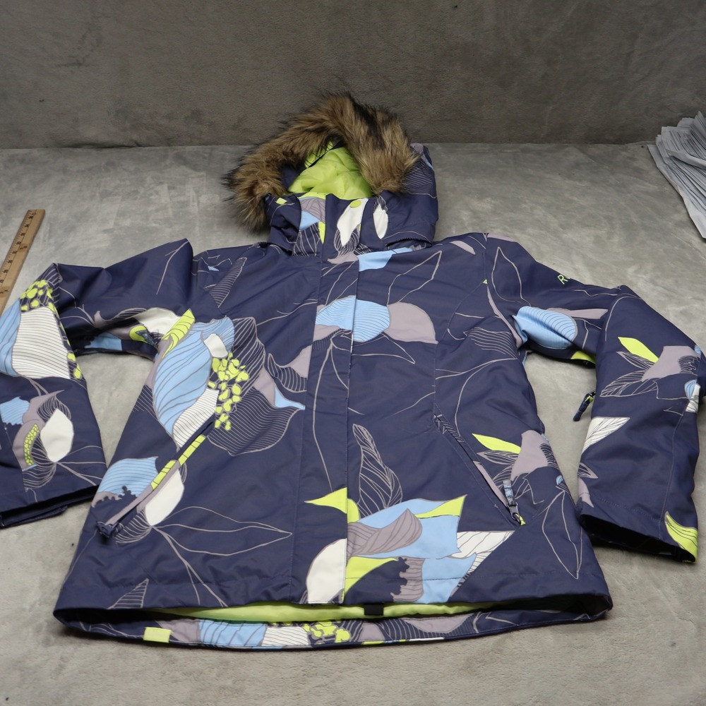 Roxy Jacket Womens Large Blue Floral Jet Ski Faux Fur Hood Insulated Waterproof